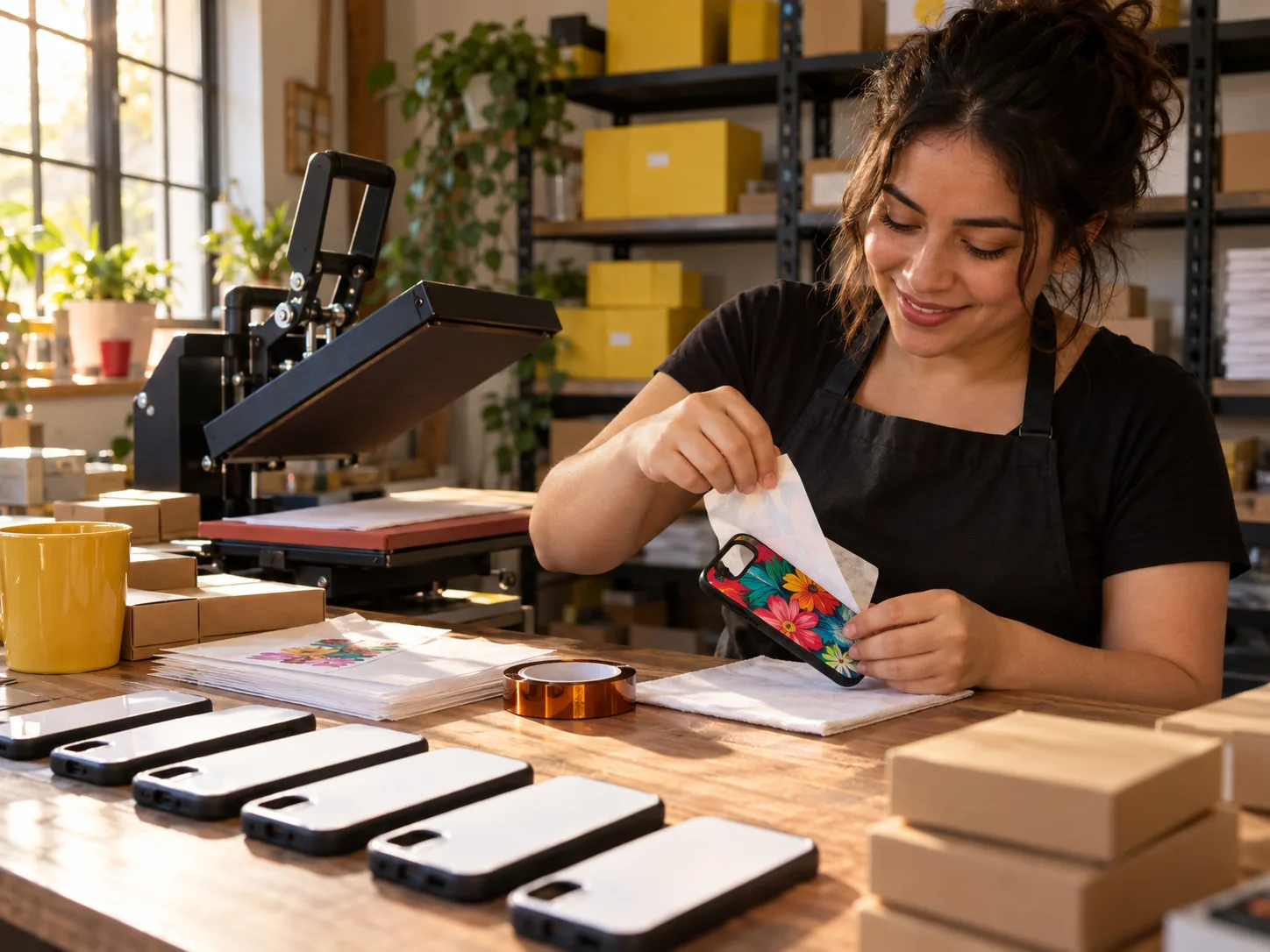 Persona personalizando fundas de celular con una plancha de sublimación en su taller en casa